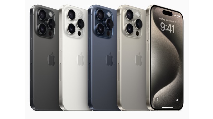 Line-up of iPhone 15 Pro phones in various colors and from various angles